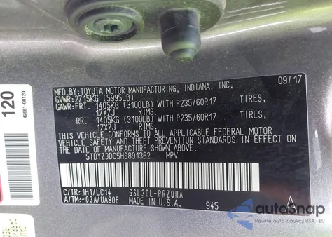 2017 Toyota Sienna Xle Premium 8 Passenger z USA, uszkodzony, nr VIN 5TDYZ3DC5HS891362